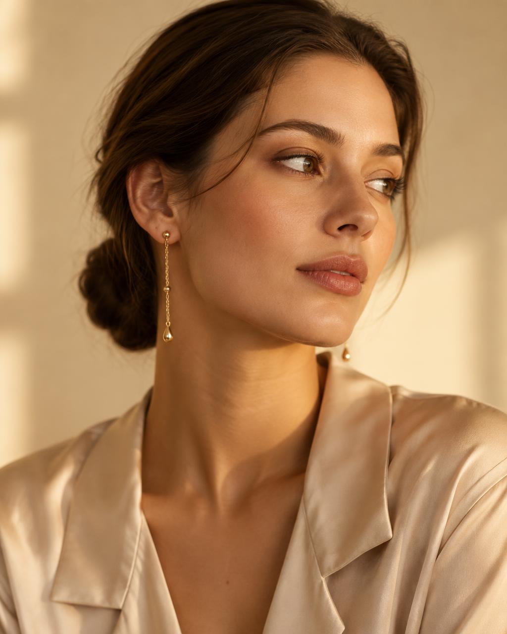 Gold drop earrings worn in warm autumn light